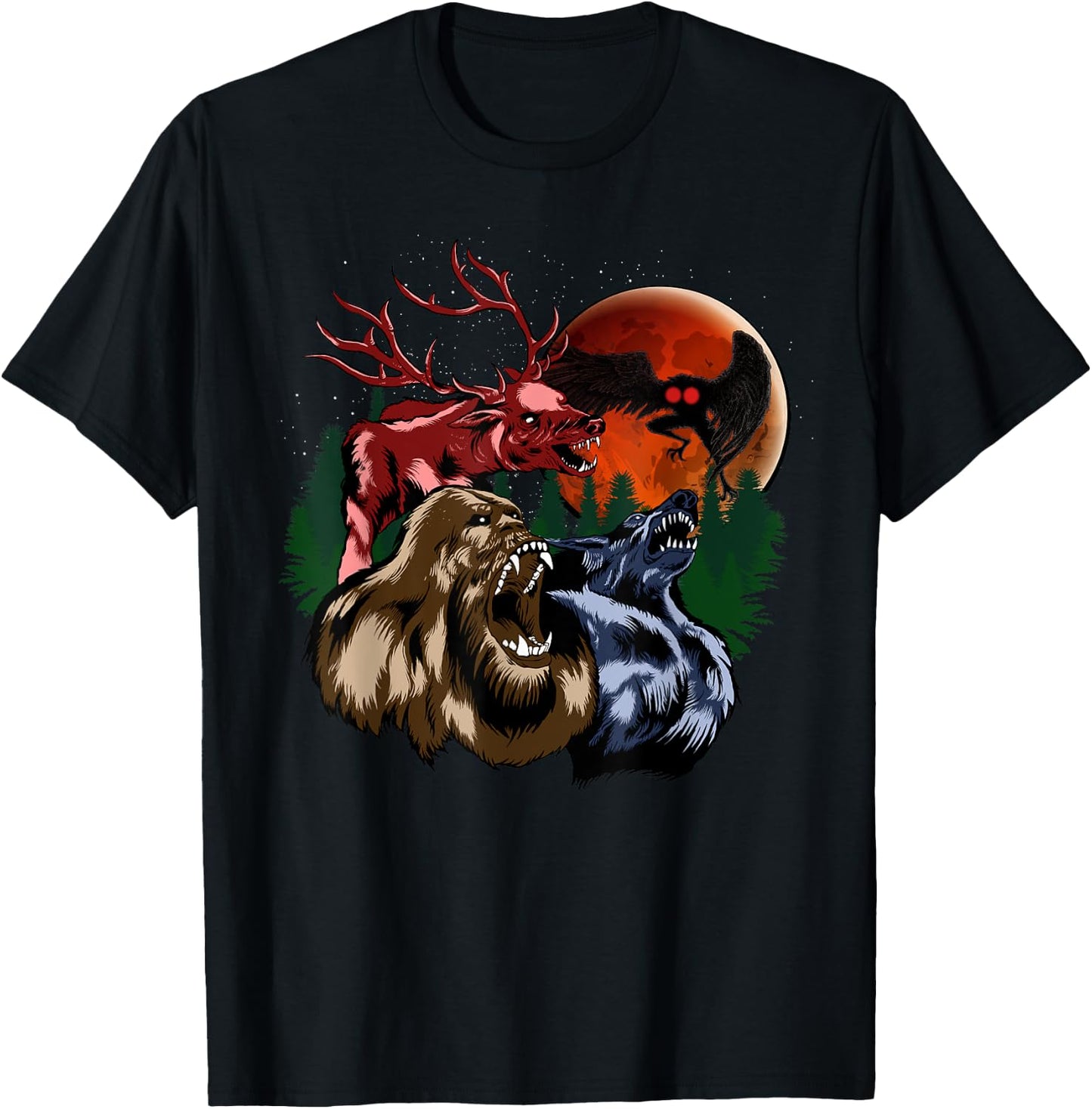 Three Cryptid Moon - Sasquatch, Dogman, Wendigo, Mothman T-Shirt - T-Shirt | Black