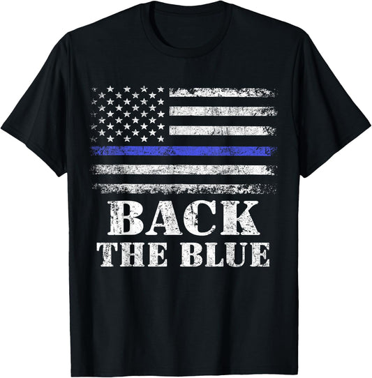 Back The Blue Thin Blue Line American Flag Police Support T-Shirt - T-Shirt | Black