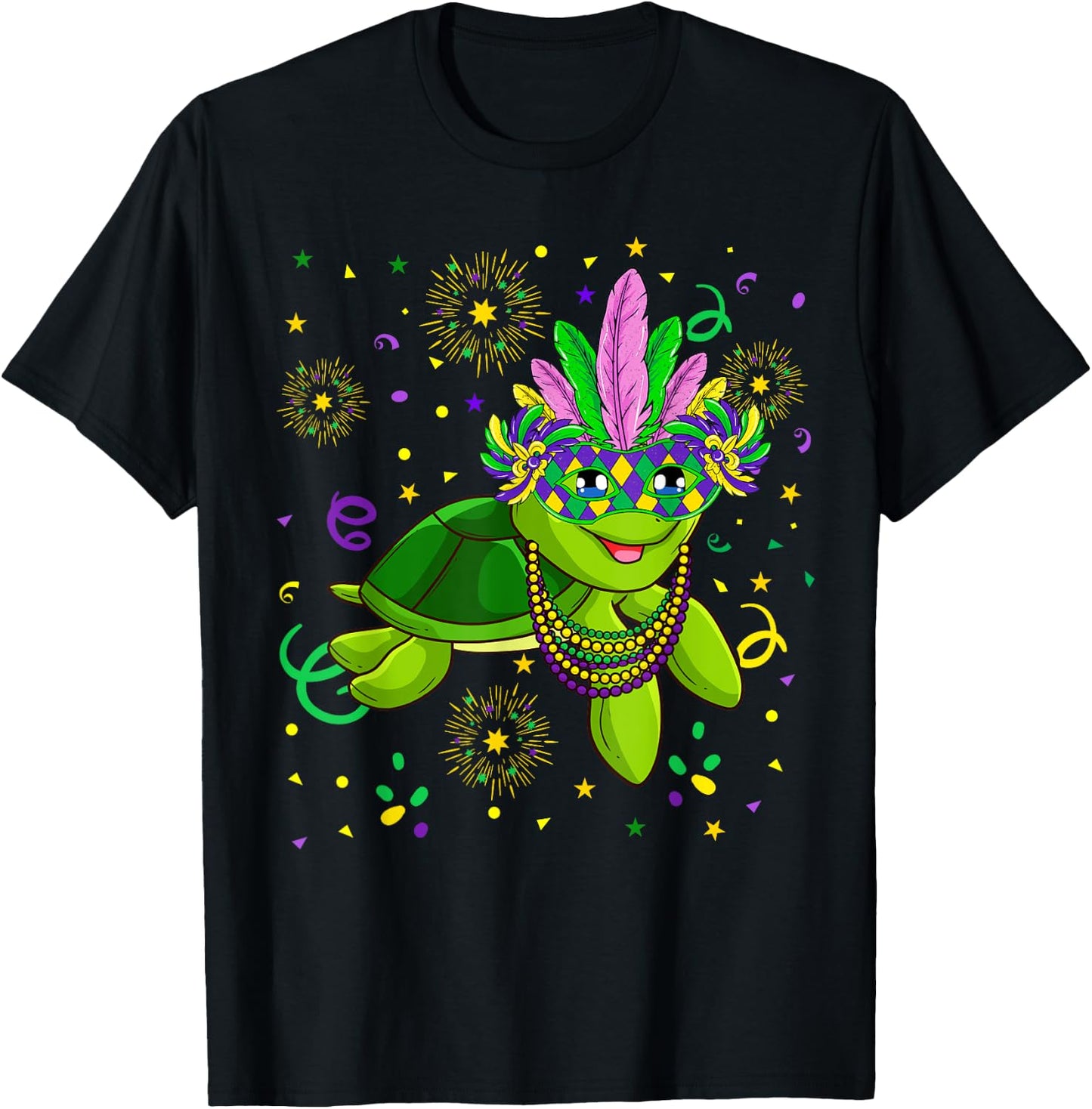 Mardi Gras 2021 Cute Turtle With Feather Mask Parade Fans T-Shirt - T-Shirt | Black