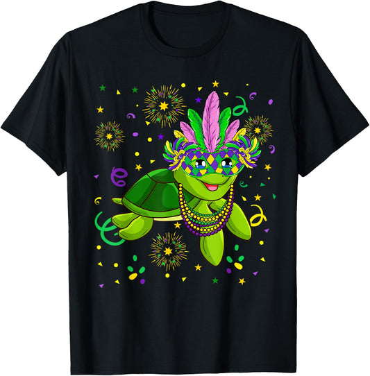 Mardi Gras 2021 Cute Turtle With Feather Mask Parade Fans T-Shirt - T-Shirt | Black