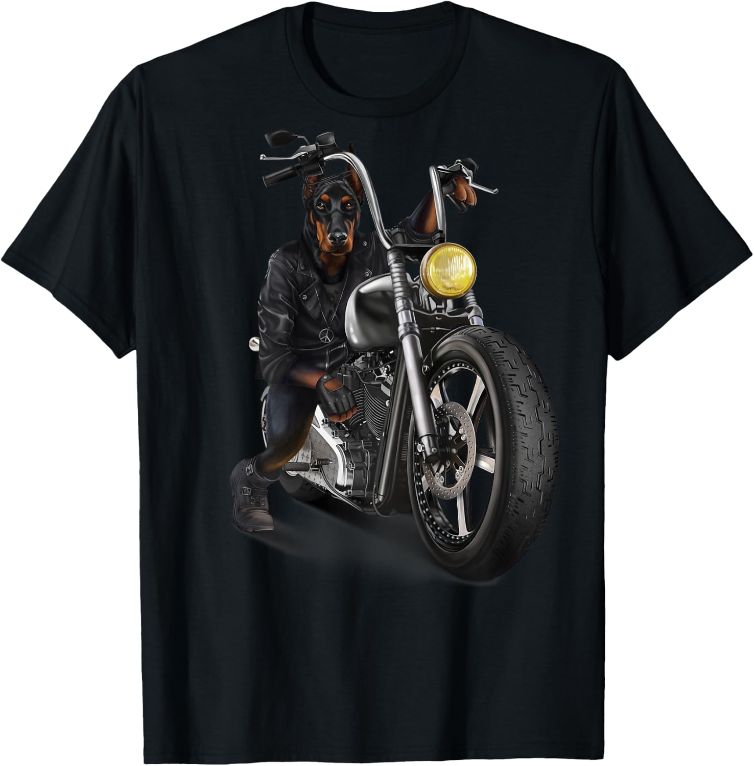 Doberman Dog Biker on a Classic Chopper Motorcycle T-Shirt - T-Shirt | Black