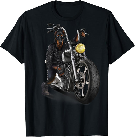 Doberman Dog Biker on a Classic Chopper Motorcycle T-Shirt - T-Shirt | Black