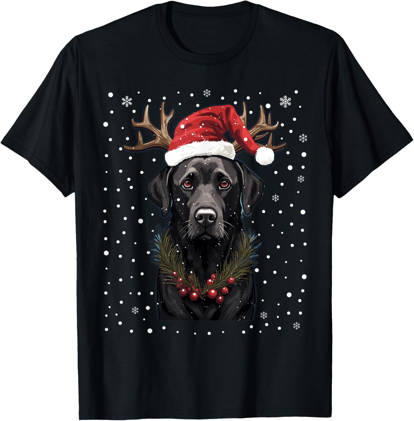 Black Labrador Christmas Lights Santa Hat Xmas Pajama T-Shirt - T-Shirt | Black