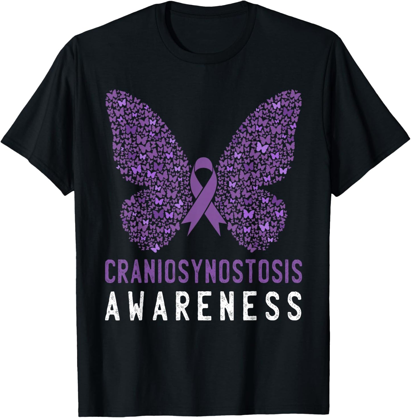 Butterfly Craniosynostosis Awareness Purple Ribbon Support T-Shirt - T-Shirt | Black
