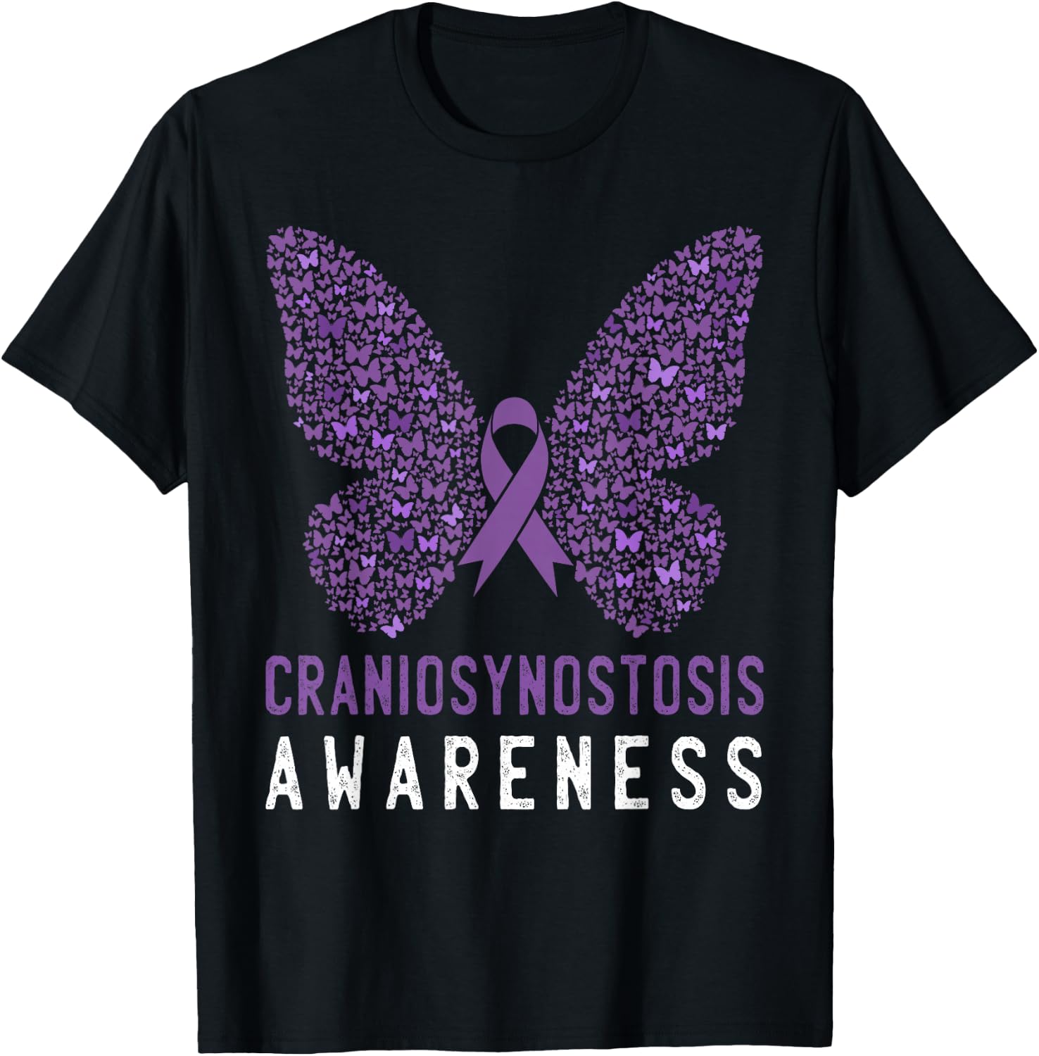Butterfly Craniosynostosis Awareness Purple Ribbon Support T-Shirt - T-Shirt | Black