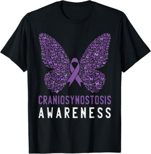 Butterfly Craniosynostosis Awareness Purple Ribbon Support T-Shirt - T-Shirt | Black