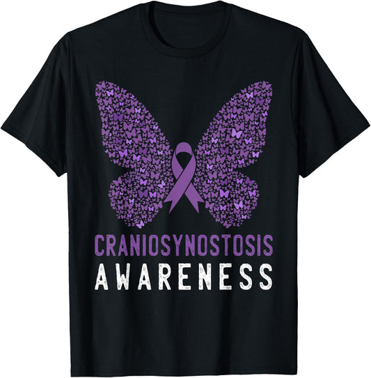 Butterfly Craniosynostosis Awareness Purple Ribbon Support T-Shirt - T-Shirt | Black