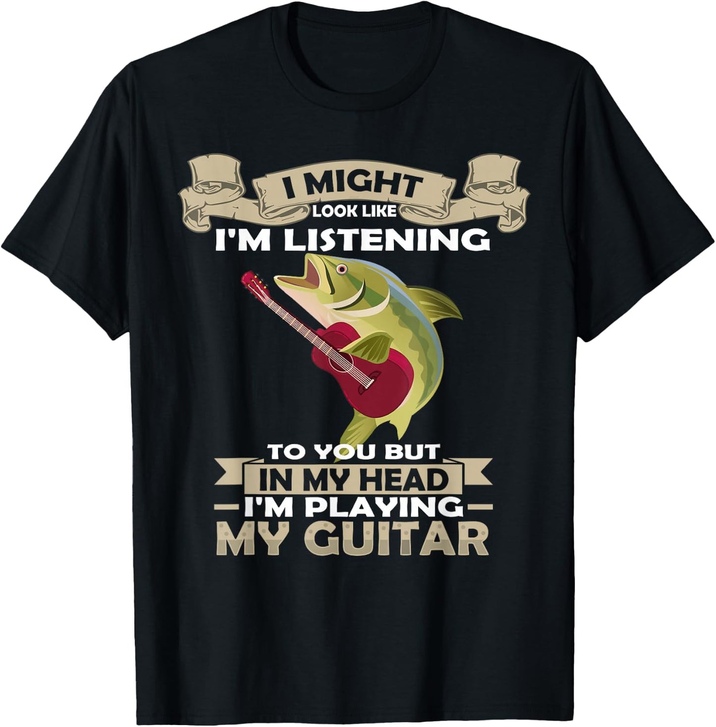 Fish Playing Acoustic Guitar Musical Fans Band Lover T-Shirt - T-Shirt | Black