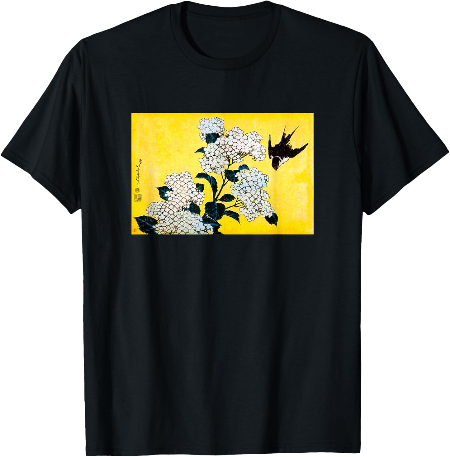 The Art of Print by MCMA - Digitally Enhanced Art Japanese Art Bird and Cherry Blossoms Graphic Design -Adults Black Small T-Shirt - T-Shirt | Black