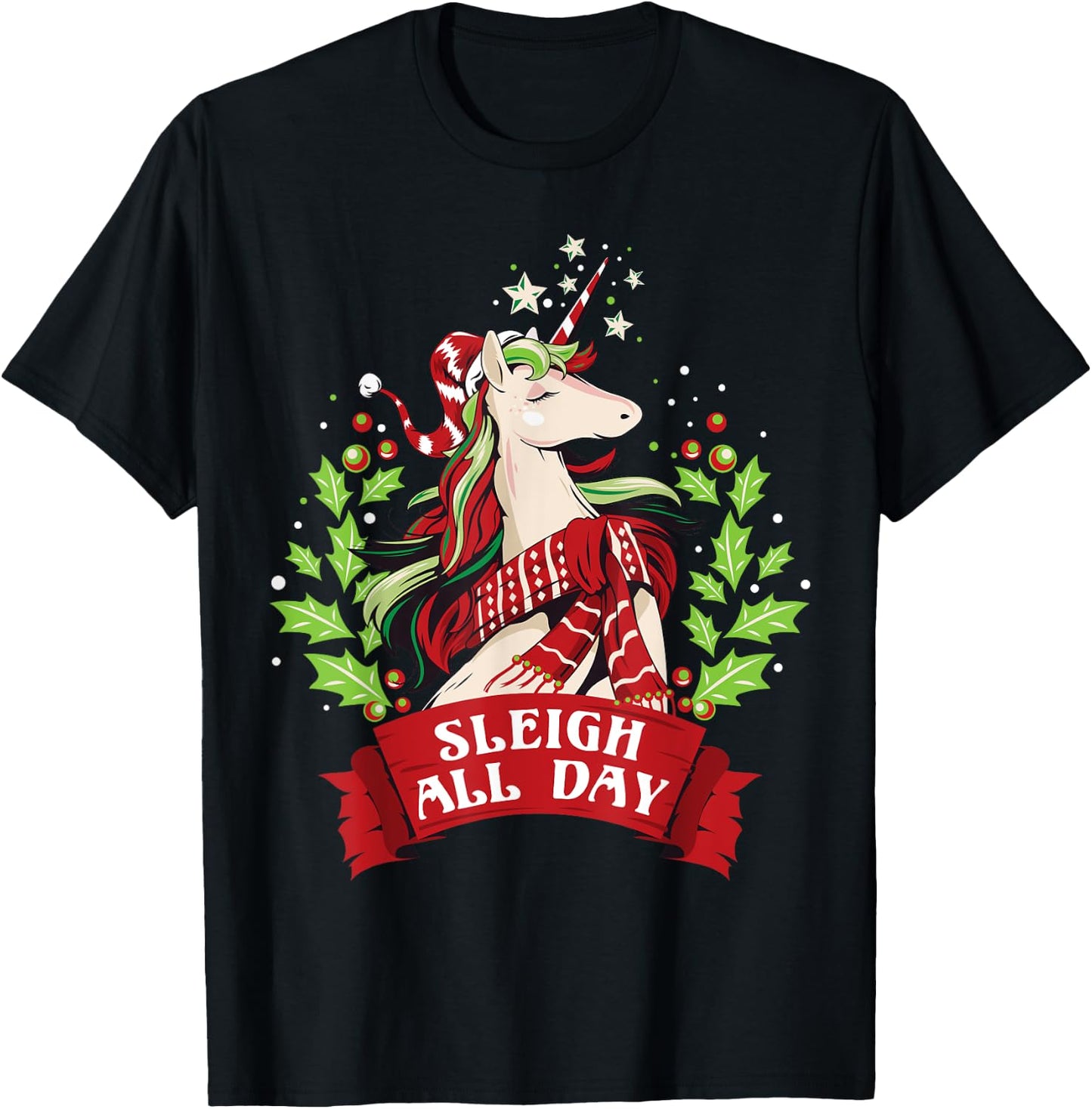 Sleigh All Day Cute Santa Unicorn Christmas T-Shirt - T-Shirt | Black