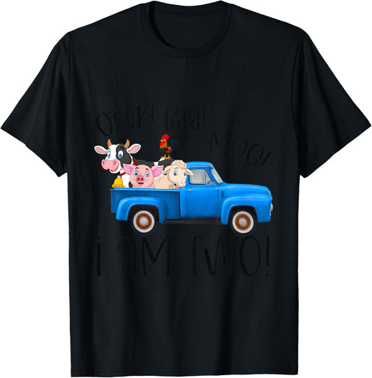 Kids Oink Baa Moo I Am Two Farm Animals Blue Truck Birthday Boy T-Shirt - T-Shirt | Black