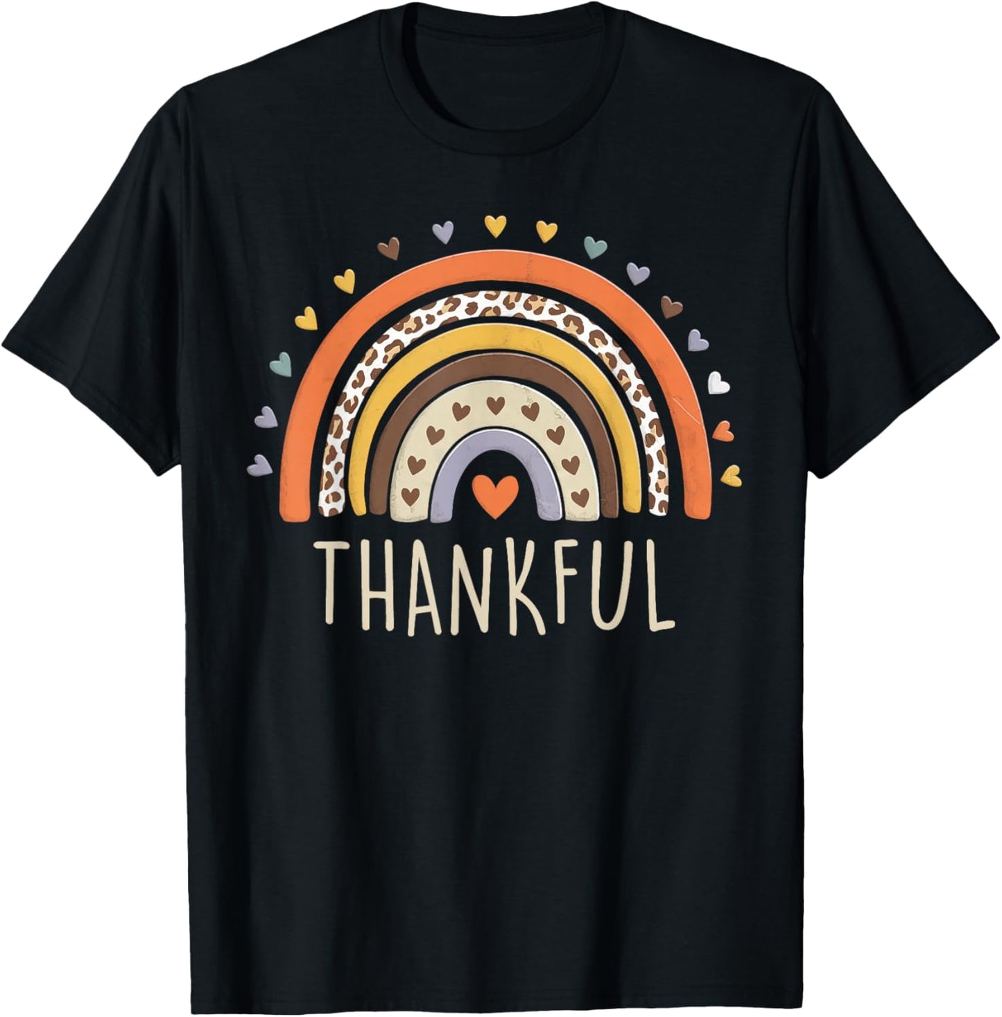 Leopard Rainbow Thankful Thanksgiving Teacher Women Kids T-Shirt - T-Shirt | Black