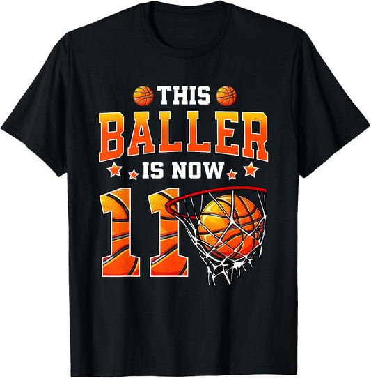 This Baller is Now 11 Basketball Kids Boys 11th Birthday T-Shirt - T-Shirt | Black