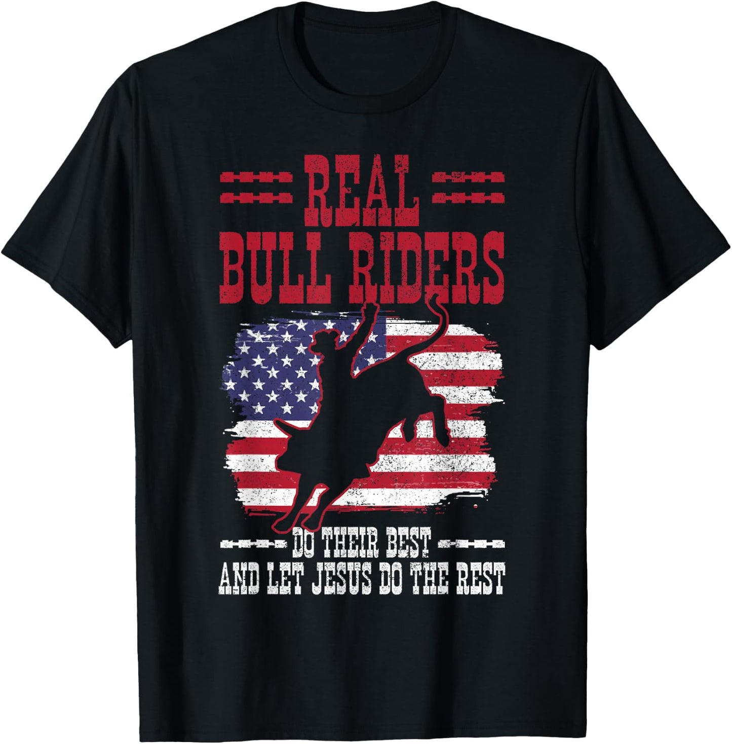 Bull Riding American Flag Rodeo Patriotic Christian Rider T-Shirt - T-Shirt | Black