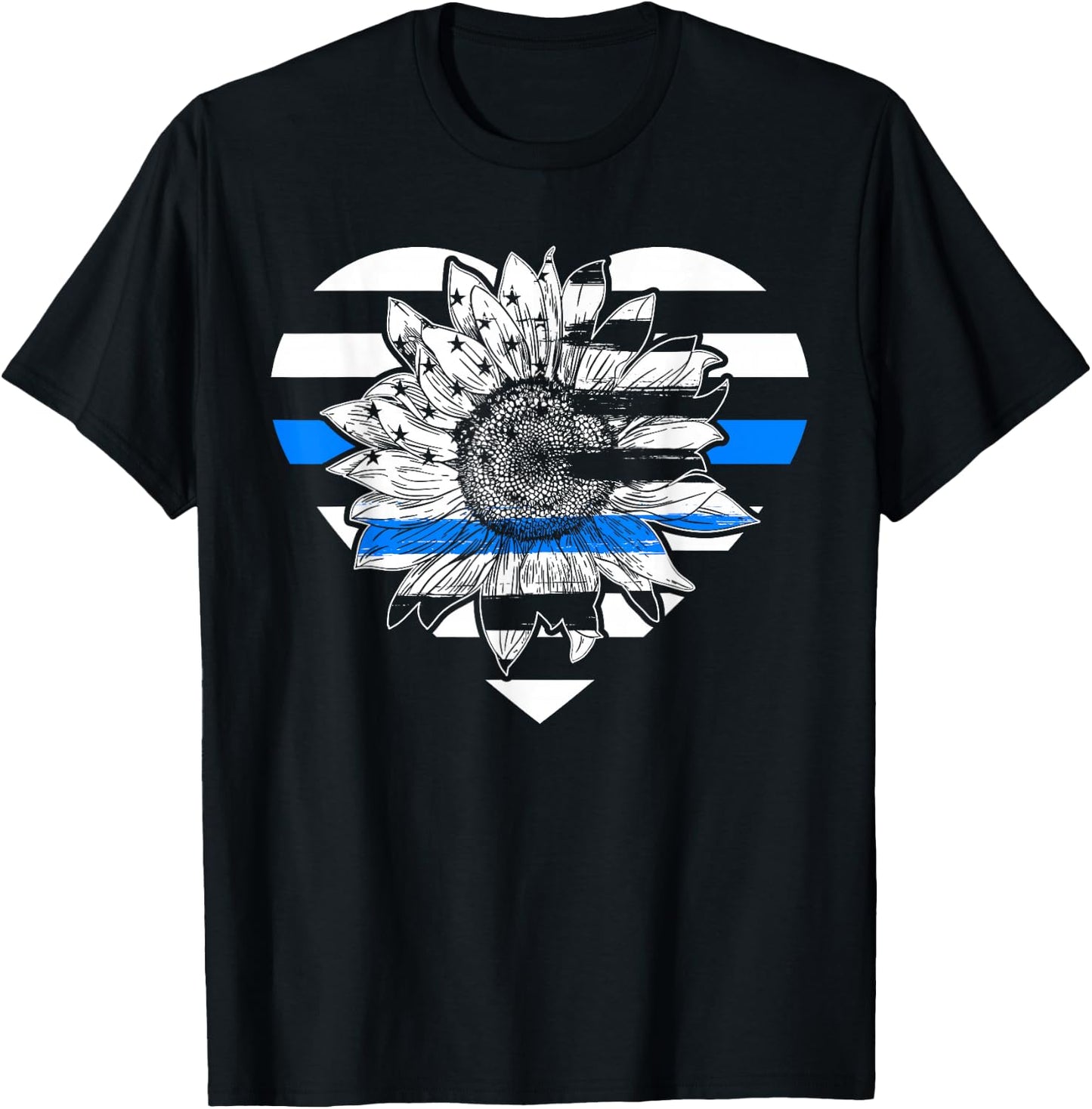 Thin Blue Line Sunflower Law Enforcement Police Officer Cop T-Shirt - T-Shirt | Black