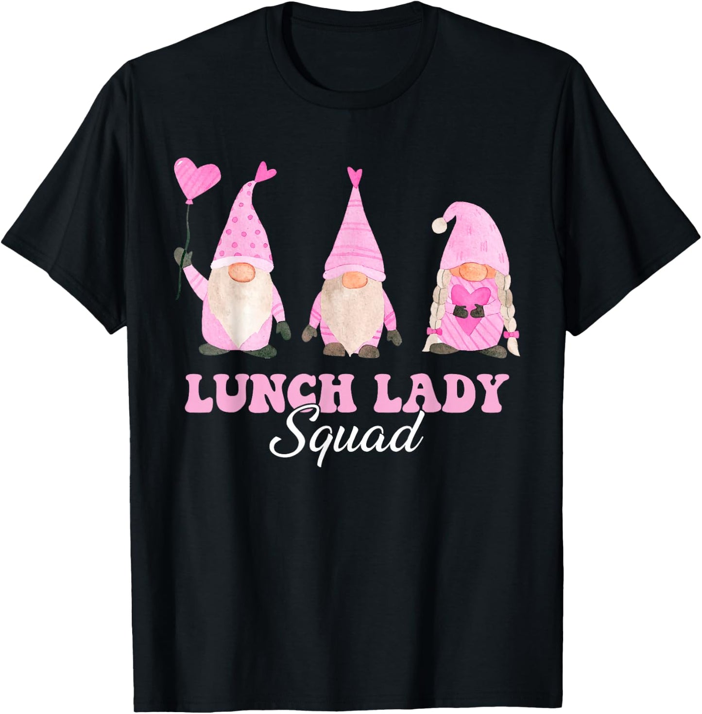 Lunch Lady Teacher Squad Valentines Day Gnomes Holding Heart T-Shirt - T-Shirt | Black