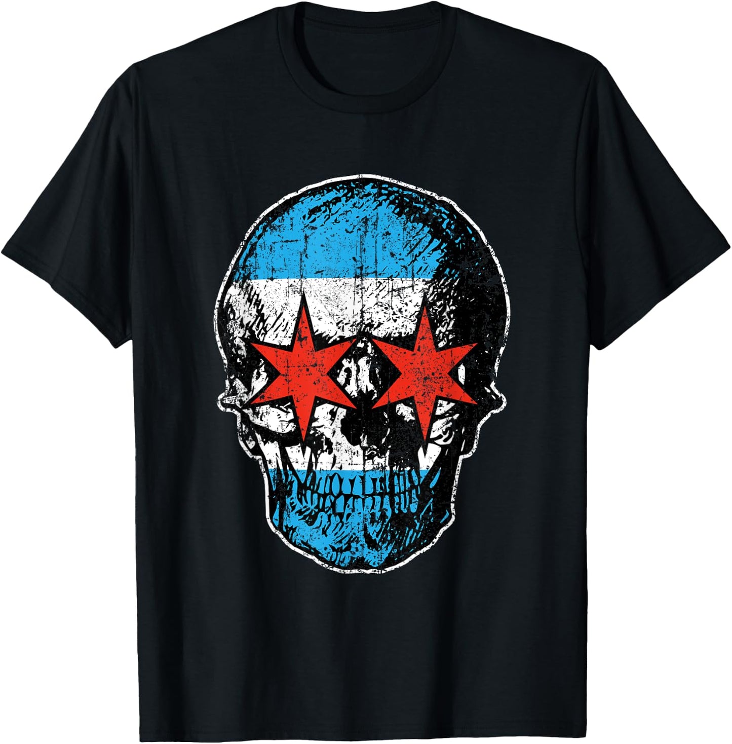 Vintage Distressed Chicago Flag Skull City Pride T-Shirt - T-Shirt | Black