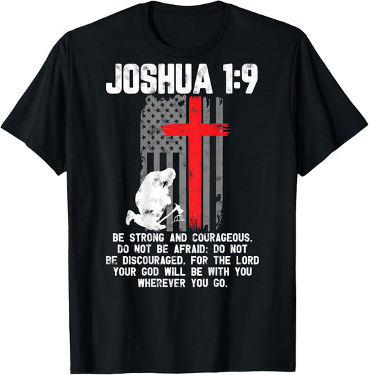 Thin Red Line Firefighter Cross Bible Verse Christian T-Shirt - T-Shirt | Black