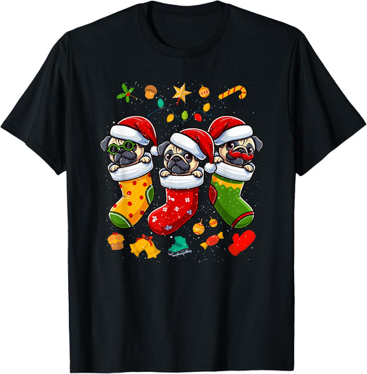 Pug Santa Claus Christmas Stocking Dog X-Mas Dogs T-Shirt - T-Shirt | Black