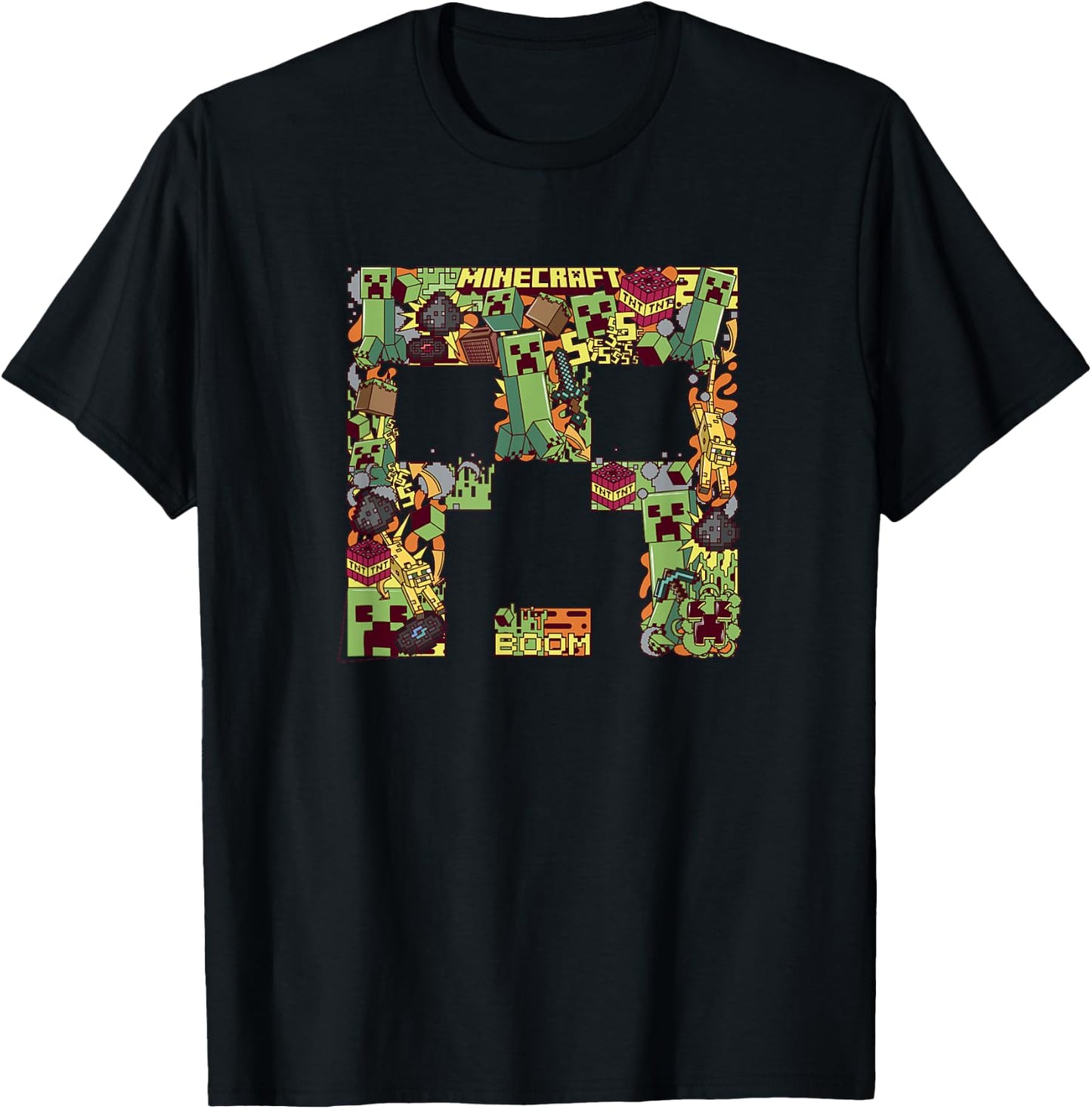Minecraft Creeper Big Face Collage T-Shirt - T-Shirt | Black