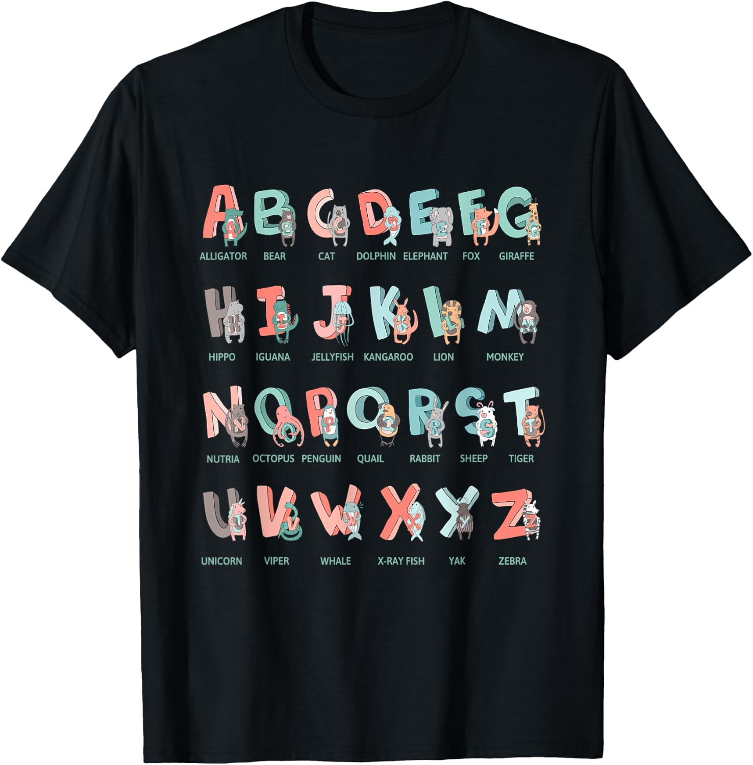 Alphabet Animals I School Beginner Students Children Girls Boys T-Shirt - T-Shirt | Black