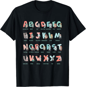 Alphabet Animals I School Beginner Students Children Girls Boys T-Shirt - T-Shirt | Black