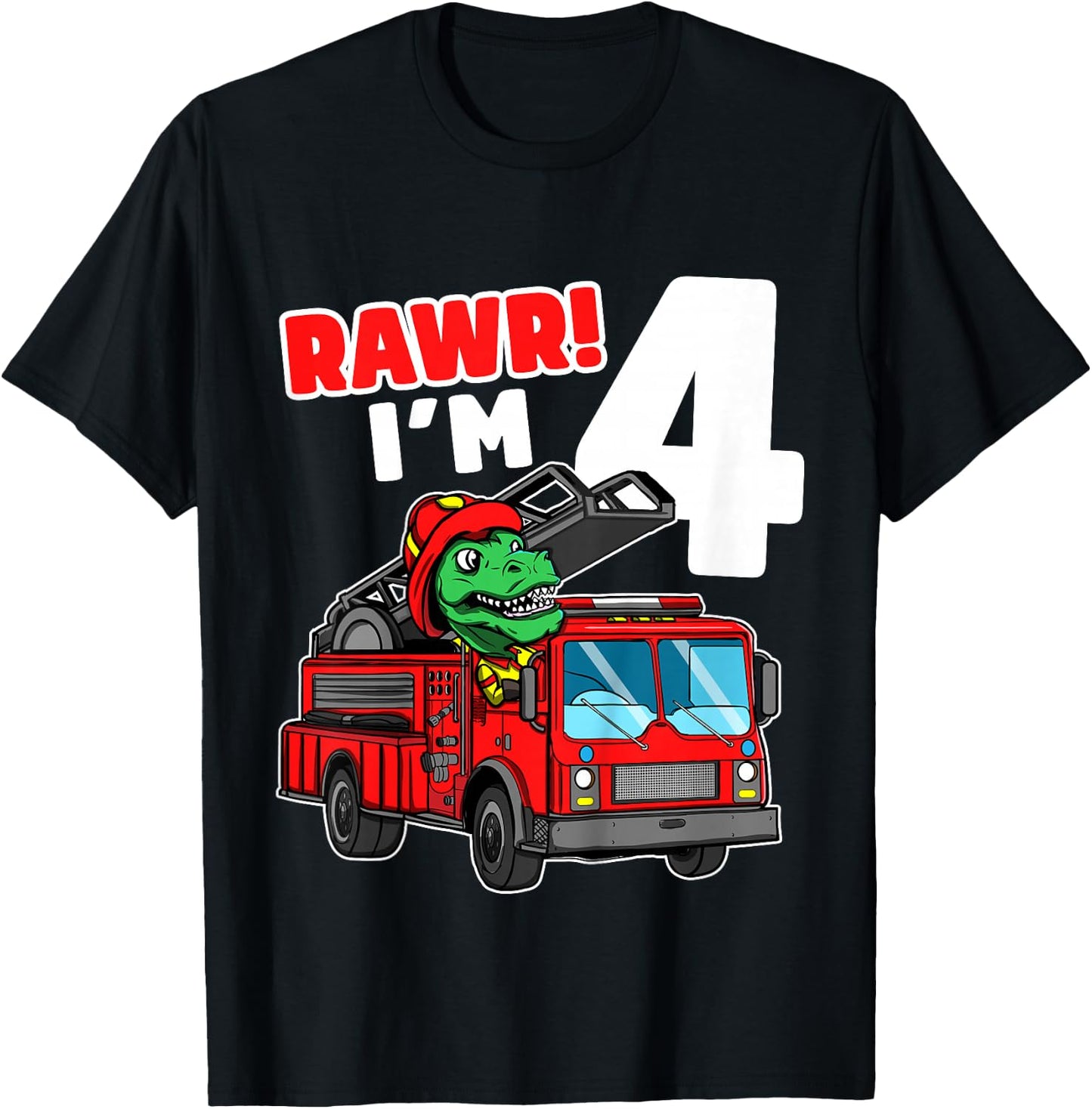 Kids Dinosaur Fire Truck 4th Birthday Boy T-Rex Firefighter 4 T-Shirt - T-Shirt | Black