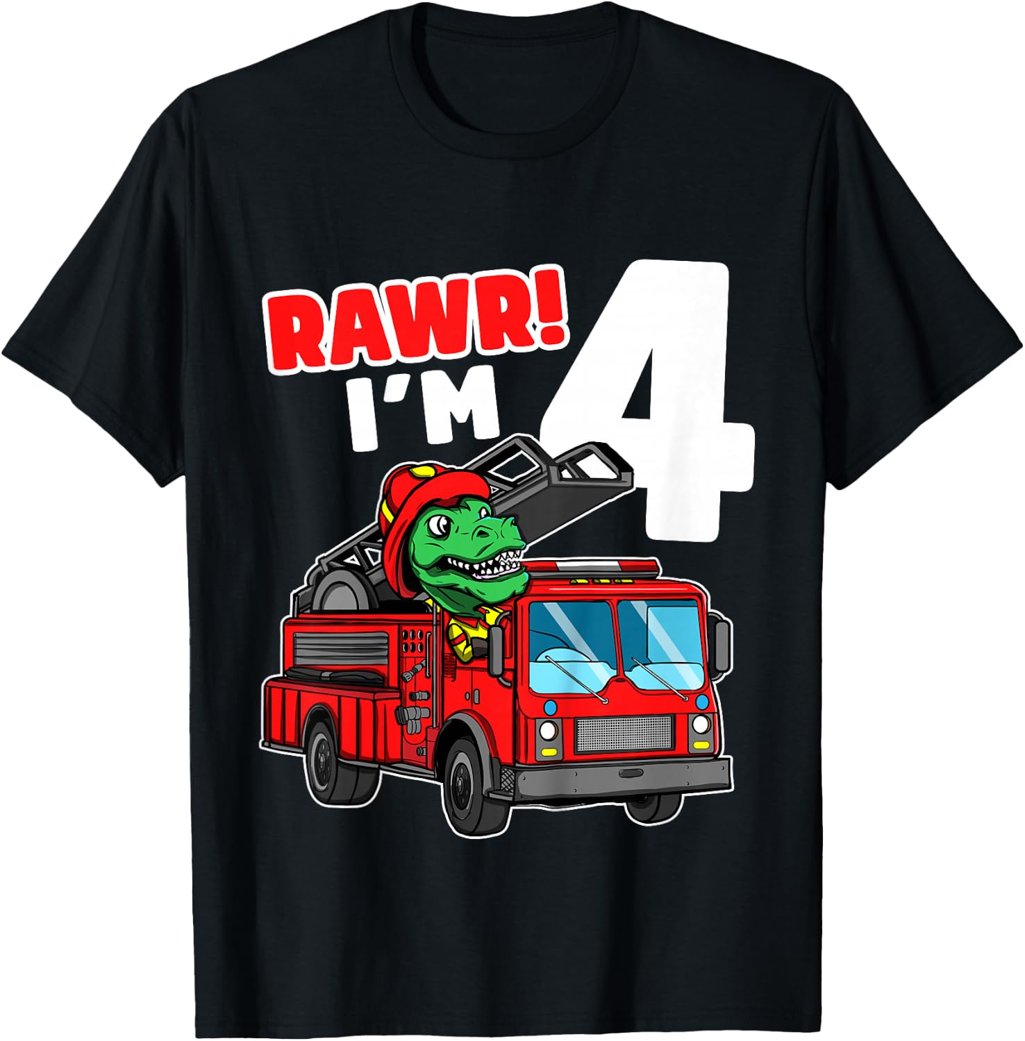 Kids Dinosaur Fire Truck 4th Birthday Boy T-Rex Firefighter 4 T-Shirt - T-Shirt | Black