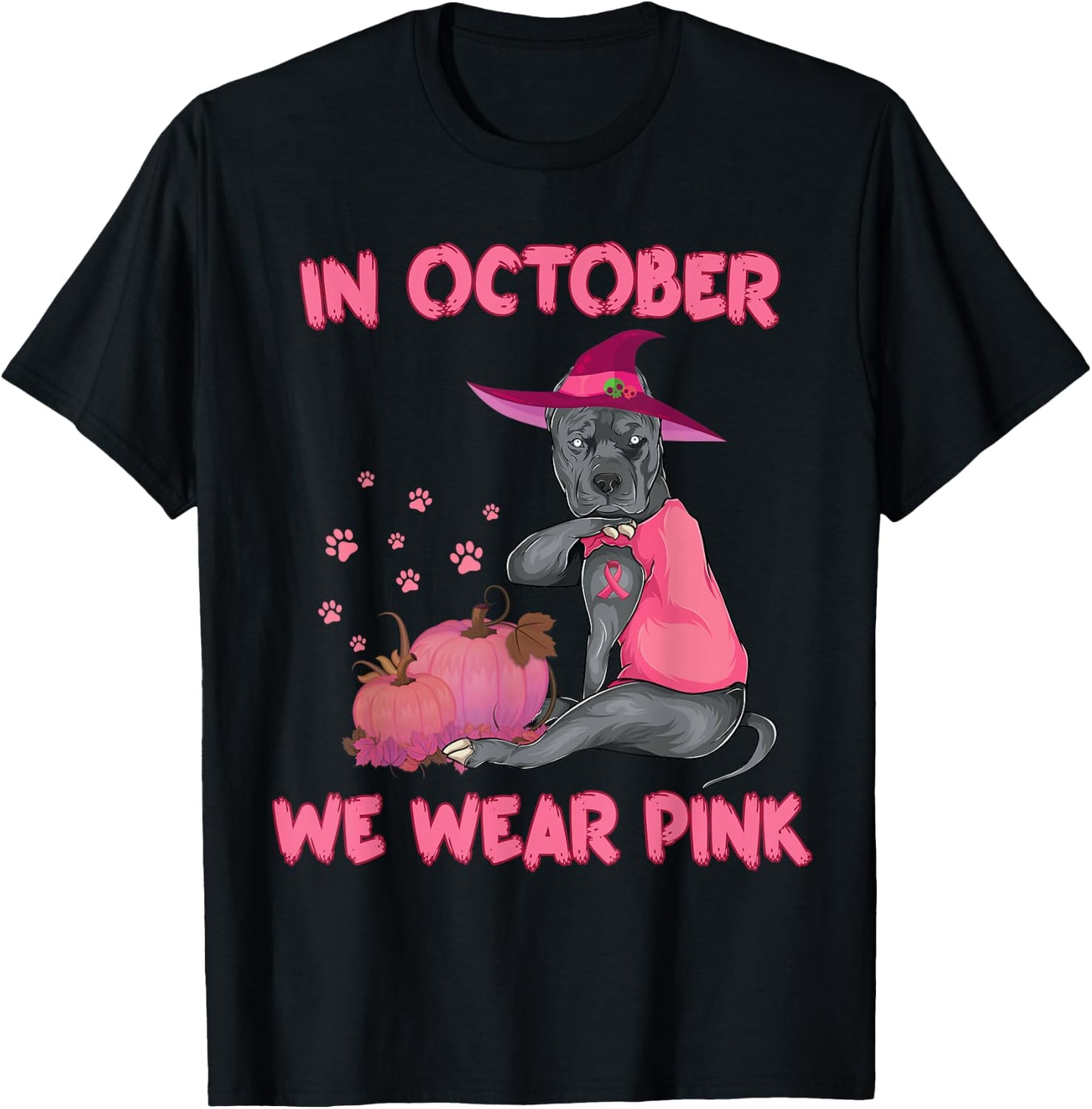 In October We Wear Pink Pitbull Dog Breast Cancer Halloween Men Women Girls Kids T-Shirt - T-Shirt | Black