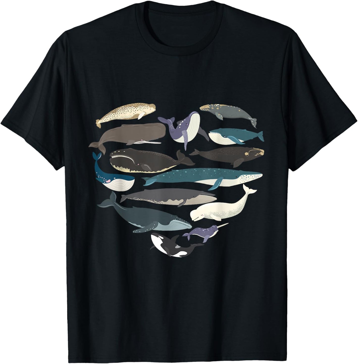 Whales Heart Shape Cute Ocean Mammals Whale Breeds Species T-Shirt - T-Shirt | Black