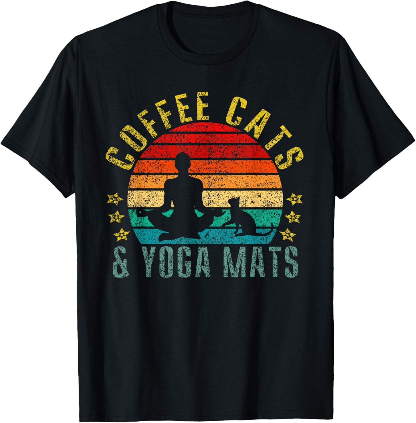Coffee, Cats & Yoga Mats Funny Retro T-Shirt - T-Shirt | Black