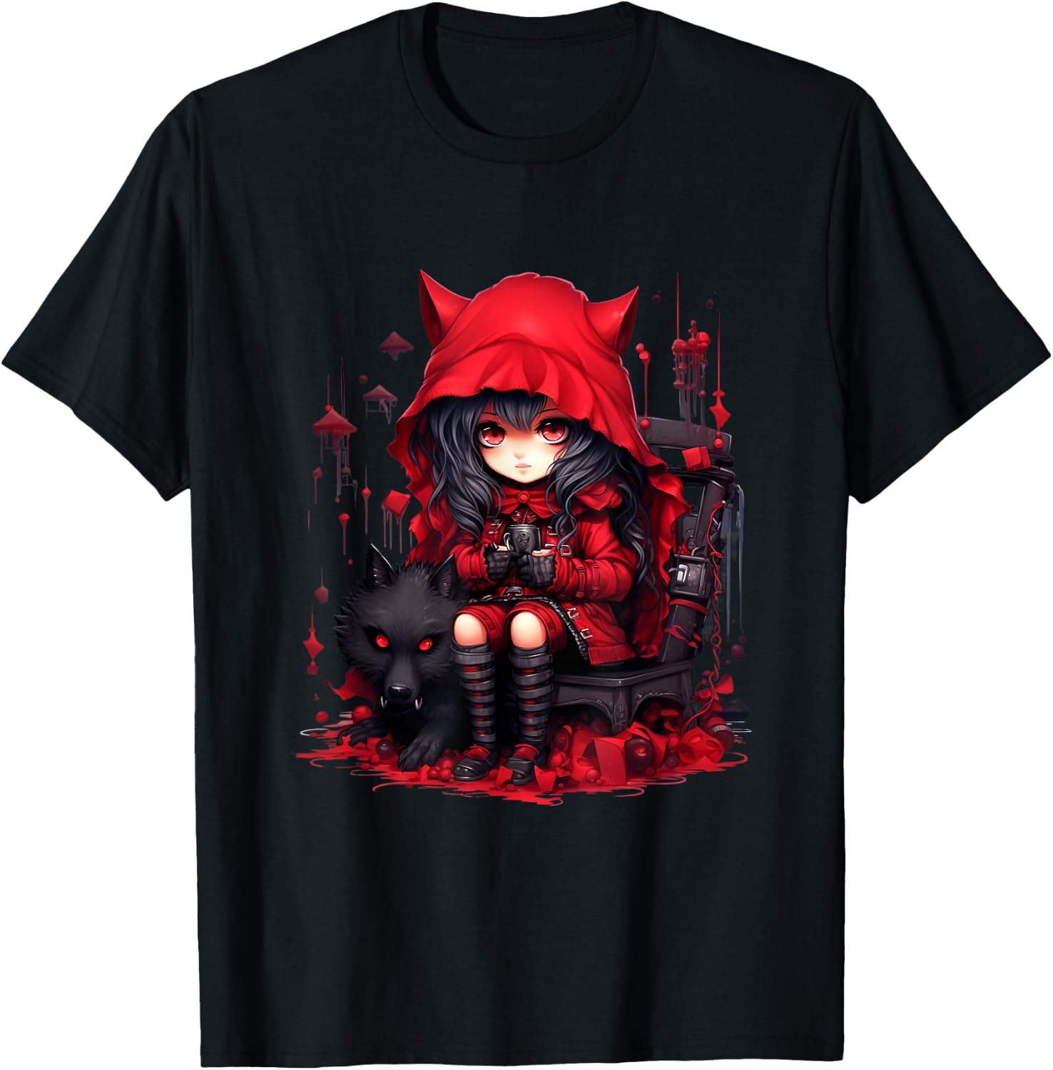 Chibi Little Red Riding Hood & Bad Wolf | Anime Kawaii Style T-Shirt - T-Shirt | Black