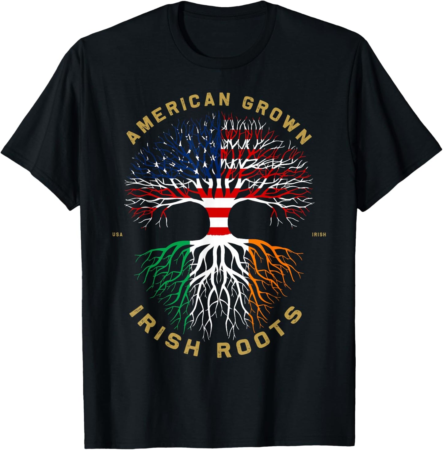 American Grown with Irish Roots Tree USA Flag Unique T-Shirt - T-Shirt | Black