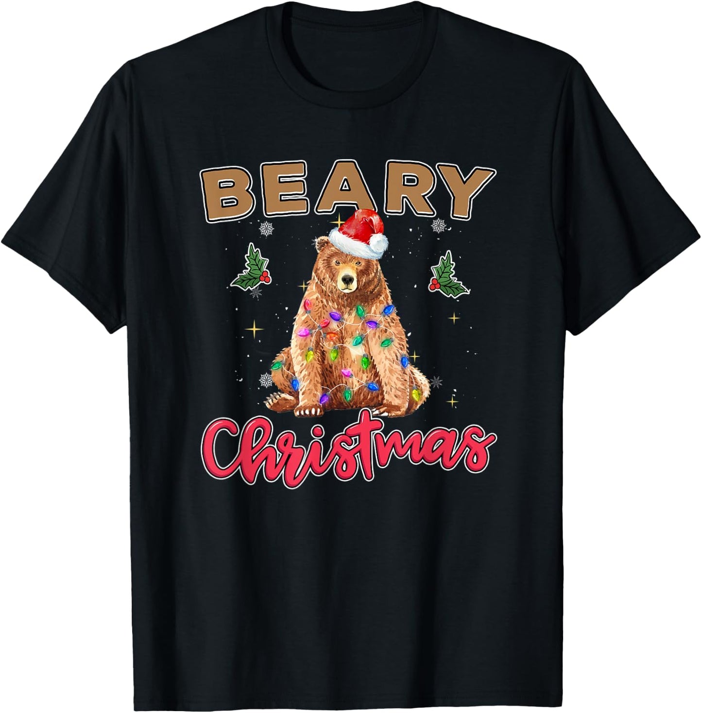 Beary Merry Christmas For Bear Lovers Funny Xmas Lights T-Shirt - T-Shirt | Black