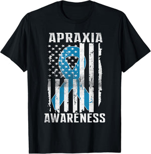 Apraxia Awareness Month Day USA Flag Ribbon Blue T-Shirt - T-Shirt | Black