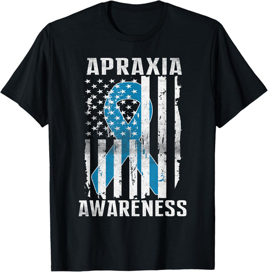 Apraxia Awareness Month Day USA Flag Ribbon Blue T-Shirt - T-Shirt | Black