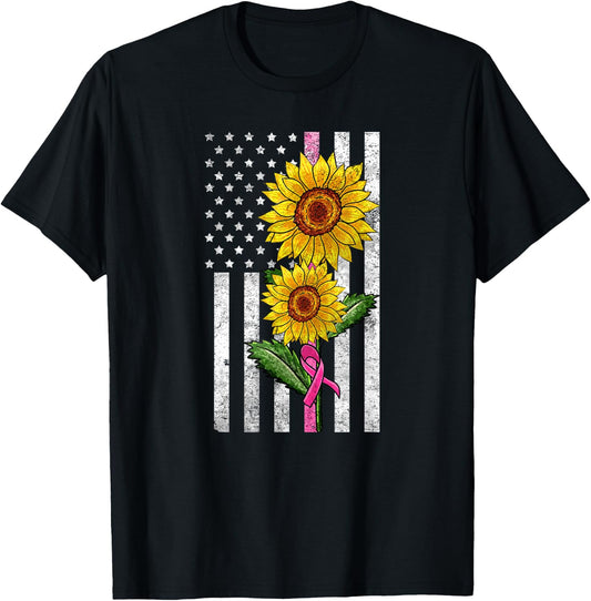 Sunflower US Flag Pink Ribbon Breast Cancer American Gift T-Shirt - T-Shirt | Black