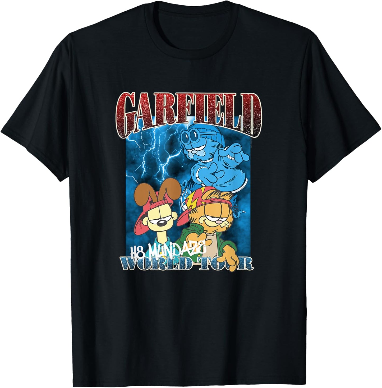 Garfield H8 Mundaze World Tour Front and Back Cartoon Cat T-Shirt - T-Shirt | Black