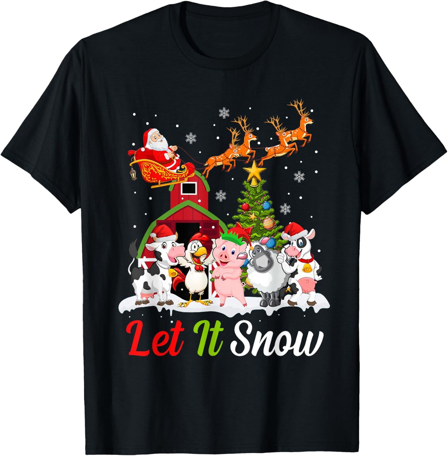 Let It Snow Merry Xmas Gift Farm Animals Tractor T-Shirt - T-Shirt | Black