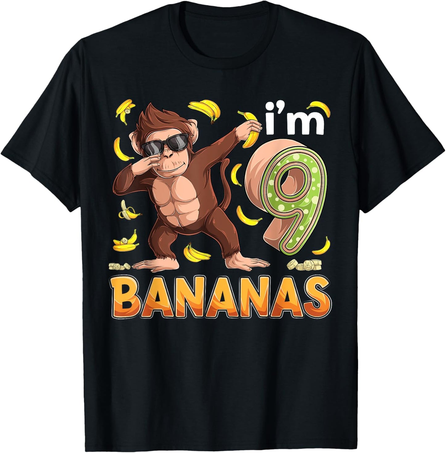 9 Year Old Monkey Birthday Safari Jungle Animal 9th B-day T-Shirt - T-Shirt | Black