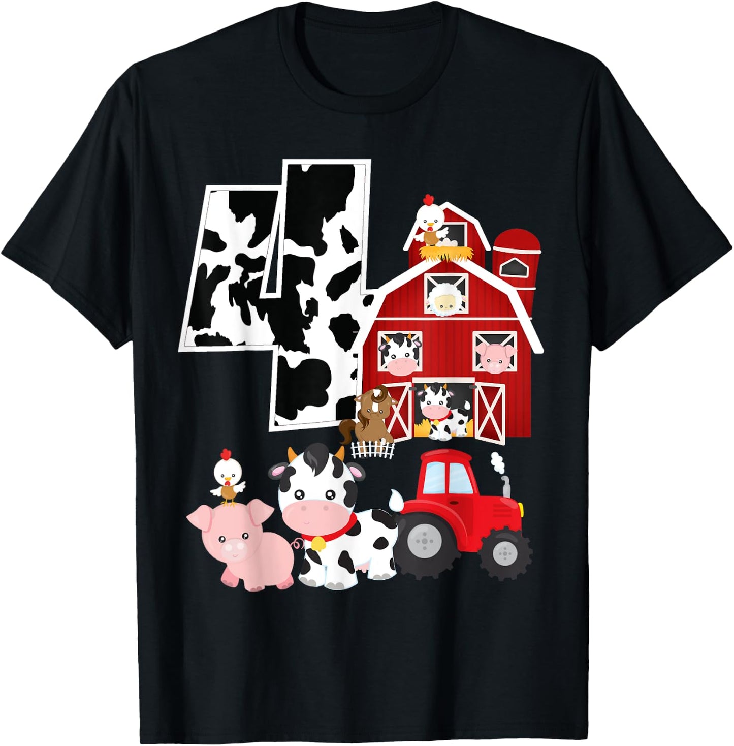 Farm Barnyard Theme Pig Cow Horse 4th Birthday 4 Yrs Old T-Shirt - T-Shirt | Black