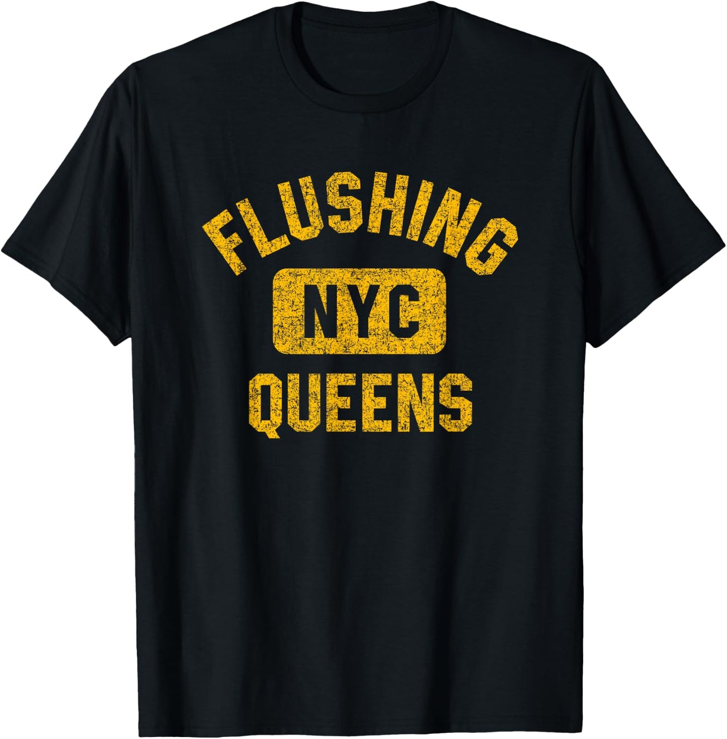 Flushing Queens NYC Gym Style Distressed Amber Print T-Shirt - T-Shirt | Black
