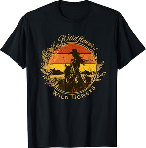 Wild Flowers and Wild Horses Vintage Sunset Country Cowgirl T-Shirt - T-Shirt | Black