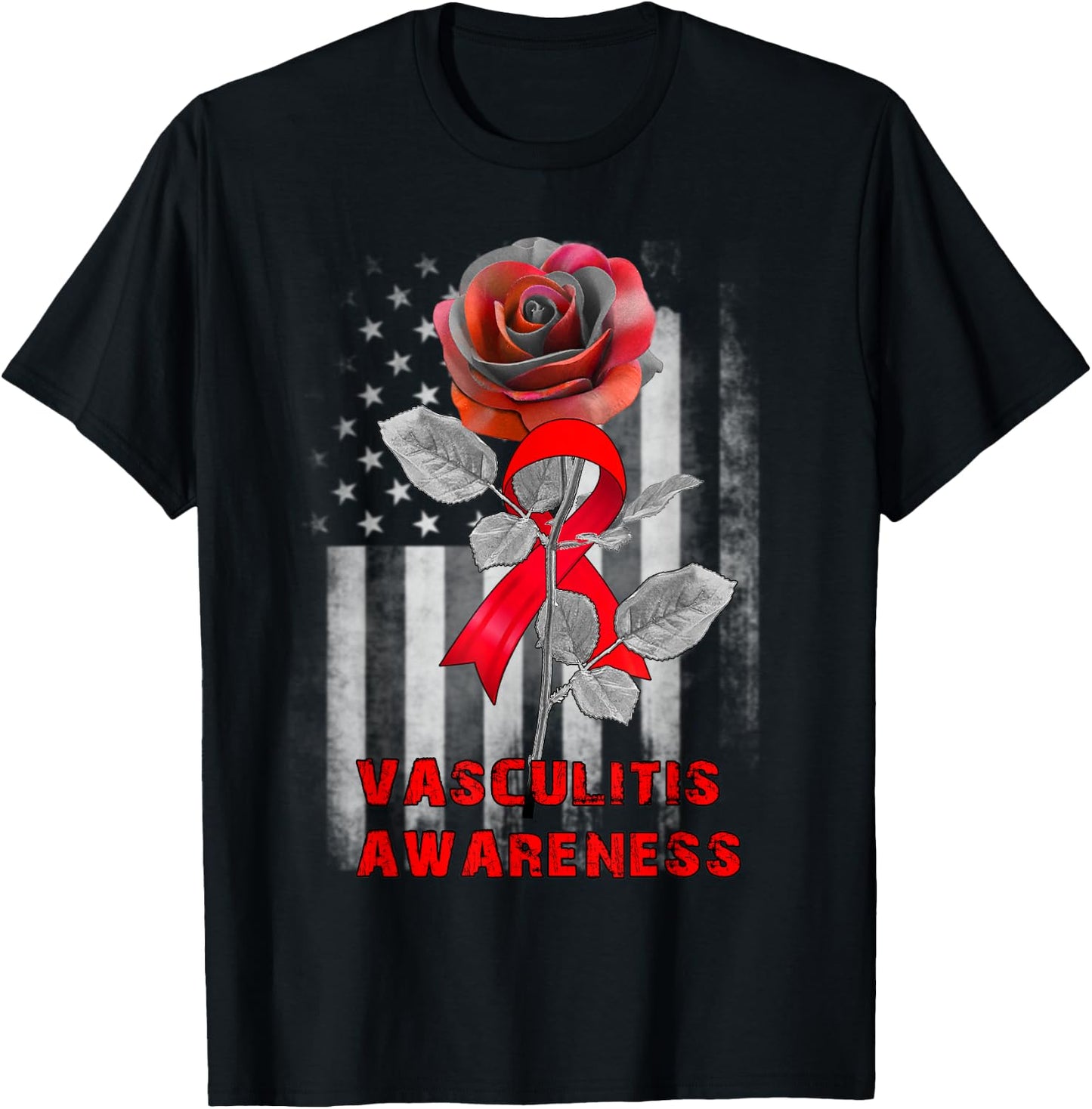 Rose Flower Vasculitis Awareness Ribbon T-Shirt - T-Shirt | Black