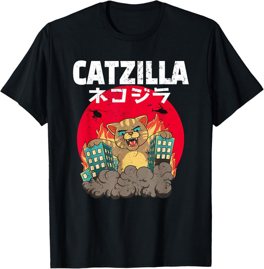 Catzilla Cat Japanese Kanji Women Kids T-Shirt - T-Shirt | Black