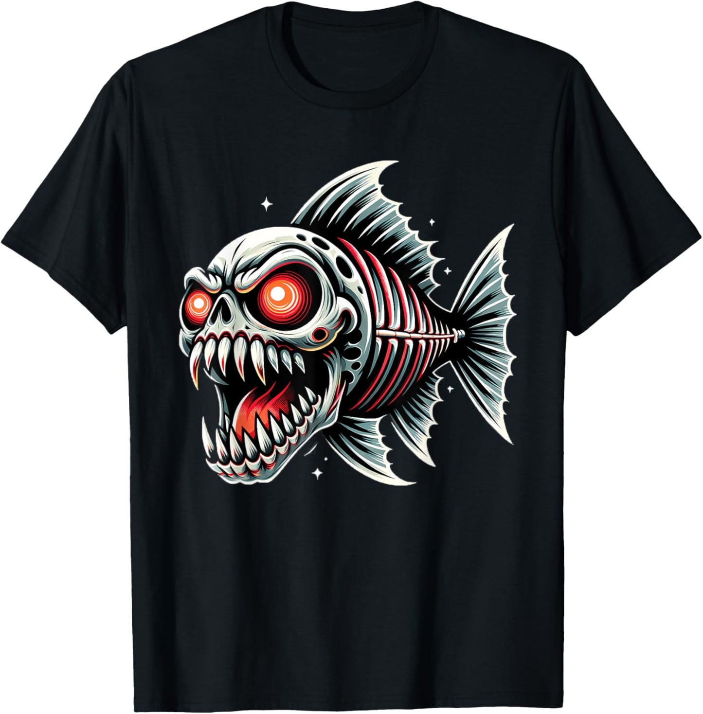 Funny Monster Skeletal Piranha Cartoon Drawing T-Shirt - T-Shirt | Black