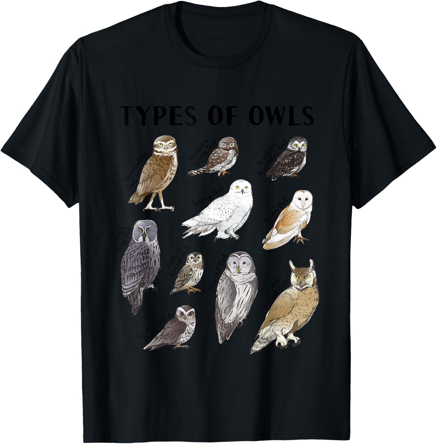 Types of Owls Educational Collection Cute Owl Lover T-Shirt - T-Shirt | Black
