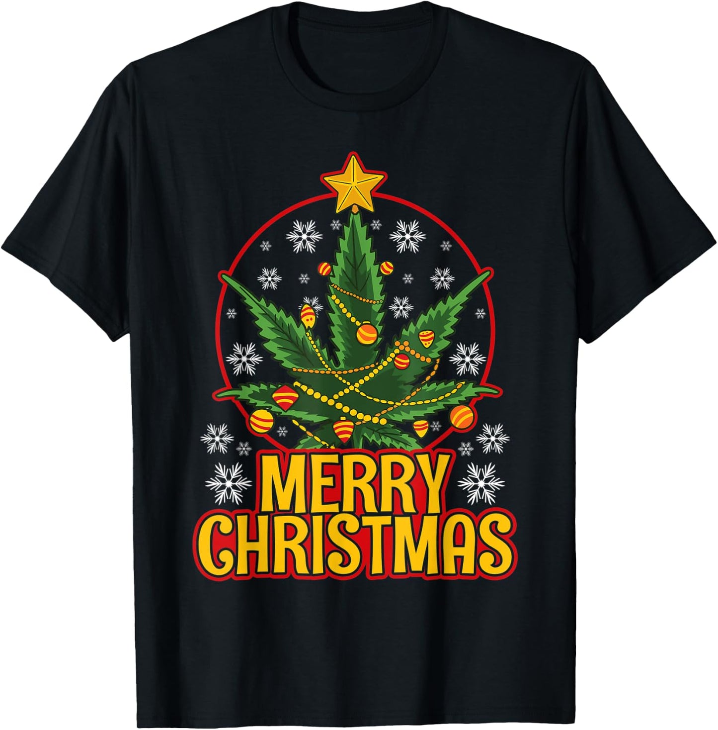 Merry Christmas Weed Marijuana Leaf Christmas Tree Pot Leaf T-Shirt - T-Shirt | Black