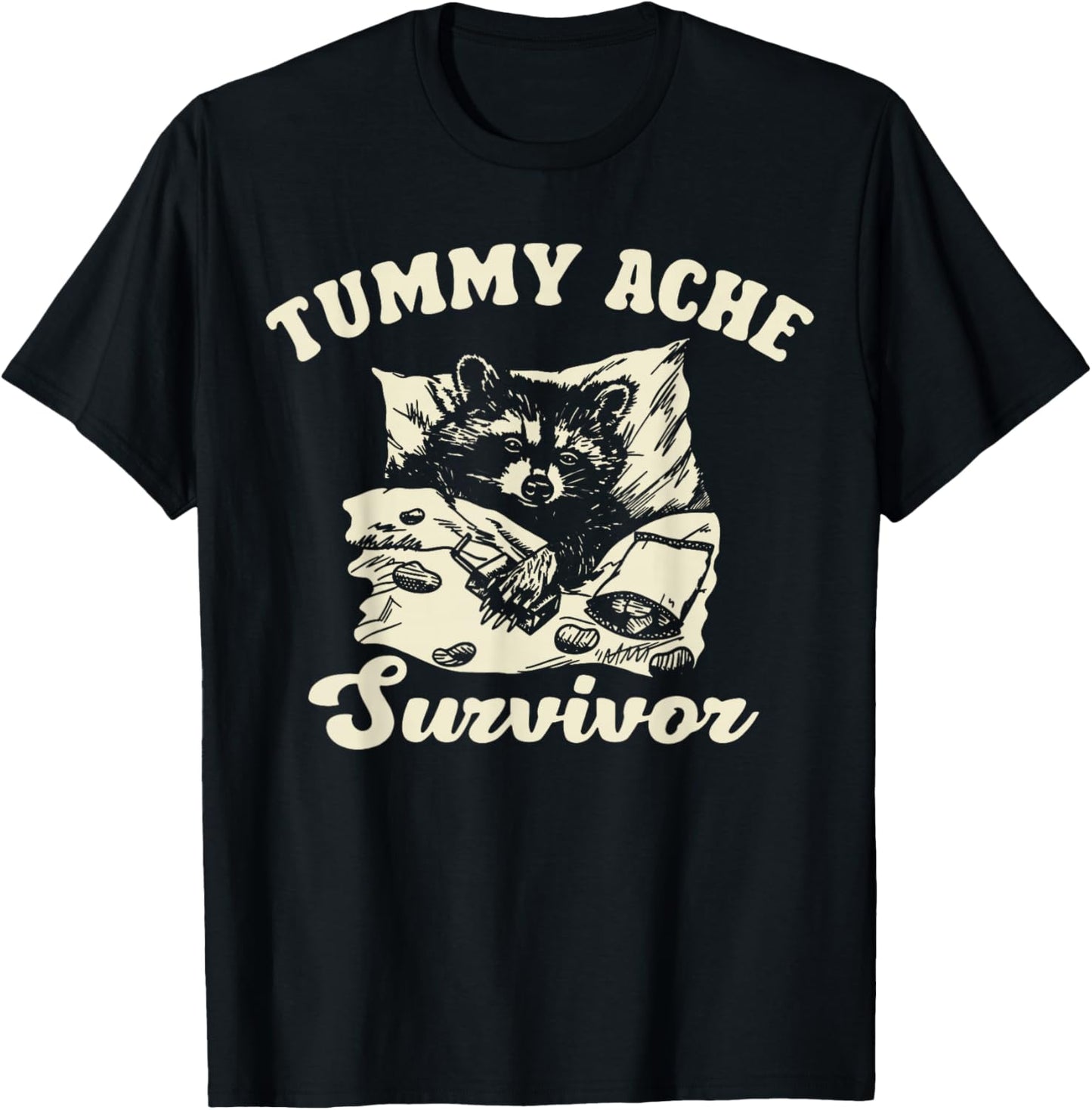 Vintage Tummy Ache Survivor Racoon Retro 90s Animal Lover T-Shirt - T-Shirt | Black