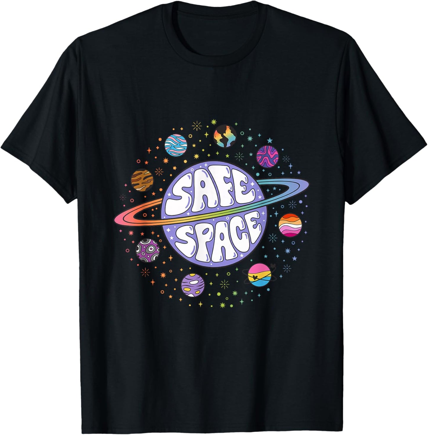 Retro Rainbow Planets Safe Space T-Shirt - T-Shirt | Black